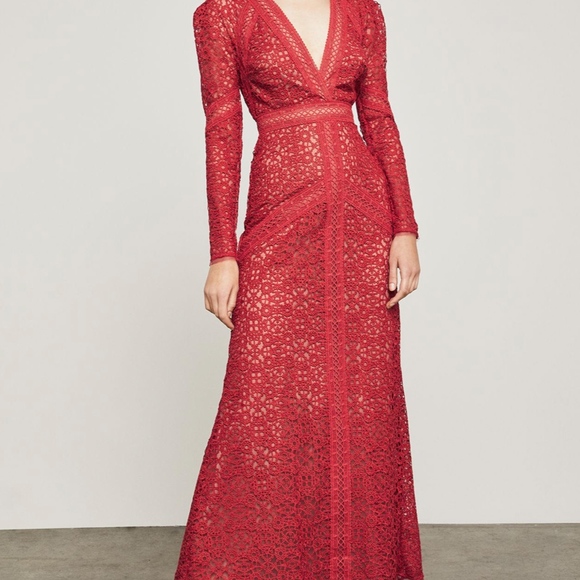 NEW BCBGMAXAZRIA Red Bcbg Mosaic Lace Maxi Dress VNECK